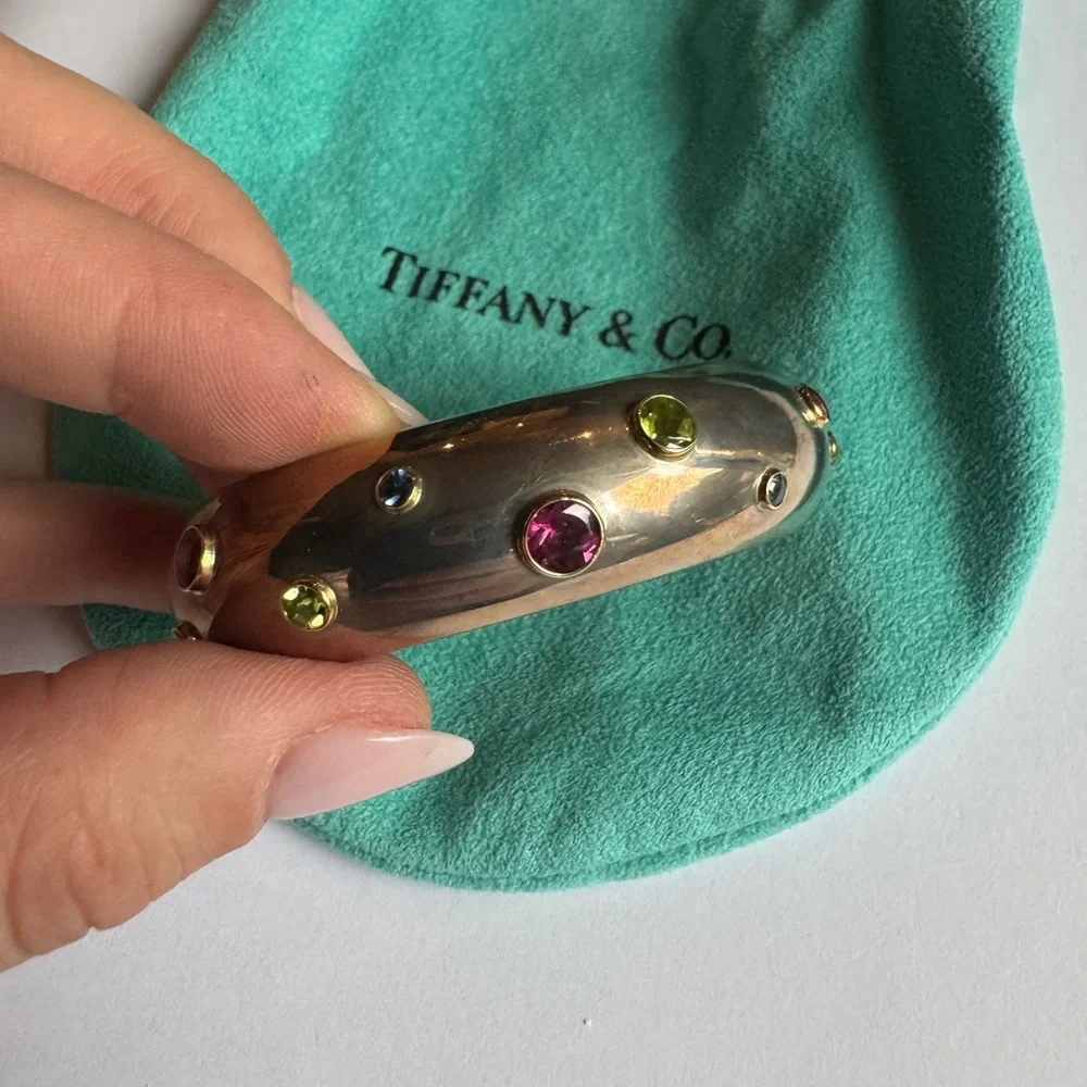 Tiffany & Co Sterling Silver and 18K Gold Multi-Gemstone Cuff 6" Wrist 85.6g - Picture 15 of 16